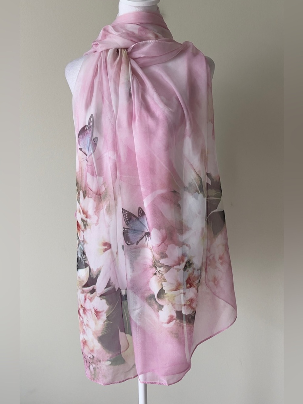 Silk Mix Pink Floral Butterfly Chiffon Scarf EUC